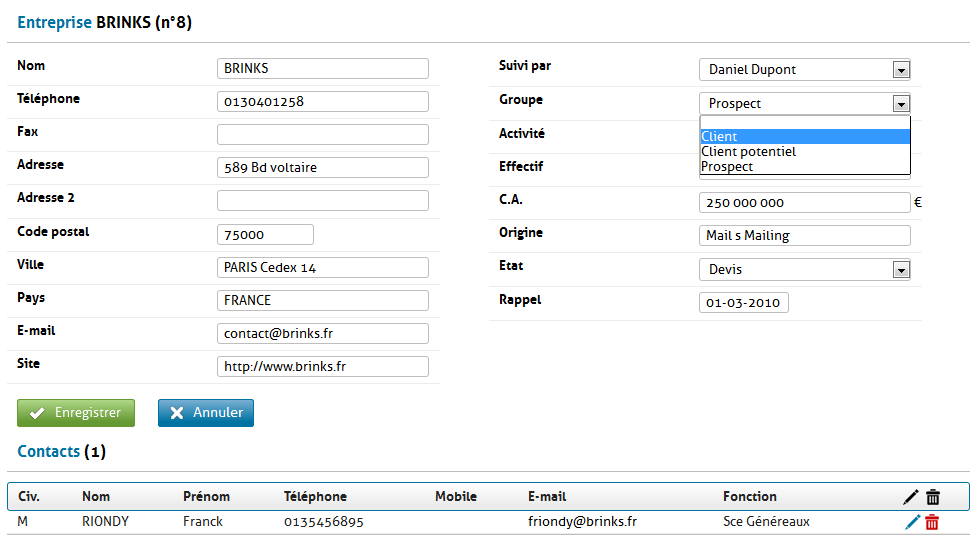 Fiche contact du logiciel de CRM 